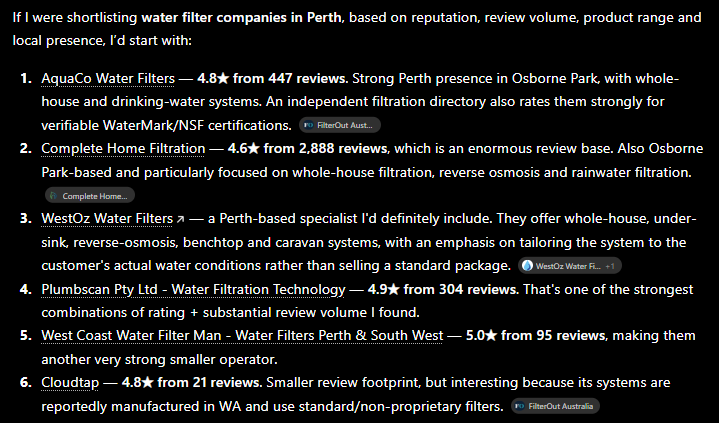 WestOz Walter Filters cited by ChatGPT with trustpilot, citation, directory and other websites building authority fot it to be cited